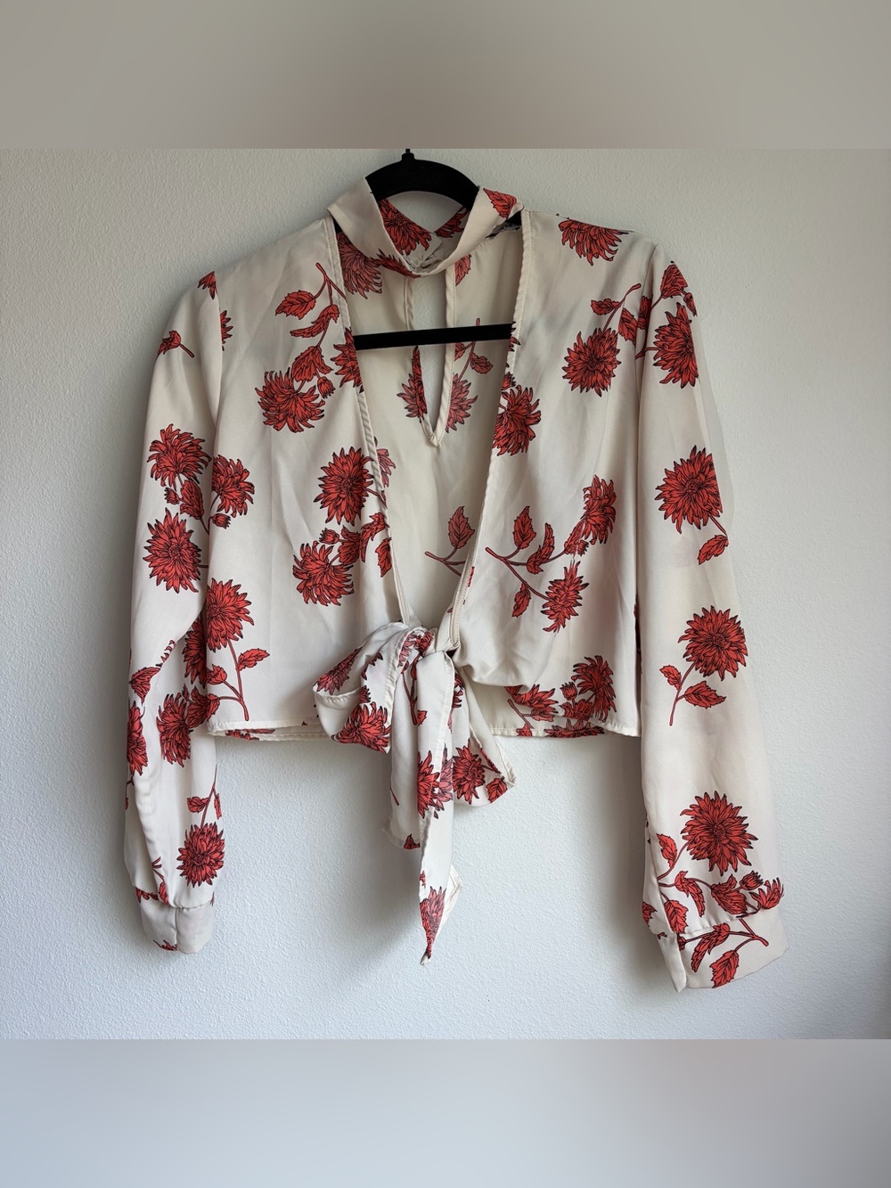 Fashion Nova Cream Tie-Front Crop Blouse with Red Floral Print